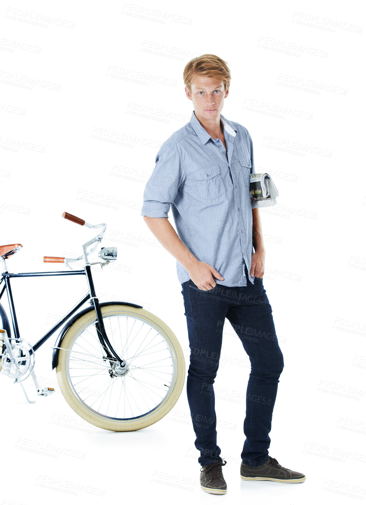 Buy stock photo Portrait, confidence and man with bike for fashion, eco friendly transport and trendy style. Travel, person and vintage bicycle for cycling or newspaper delivery on white studio background in Ireland