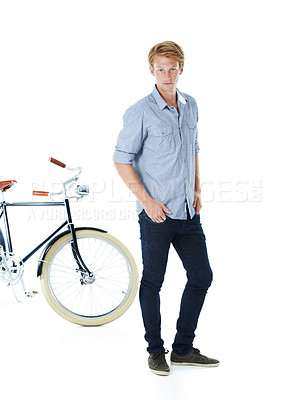 Buy stock photo Portrait, confidence and man with bicycle for fashion, eco friendly transport and trendy style. Travel, person and vintage bike for cycling, retro or casual clothes on white studio background in UK