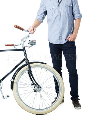 Buy stock photo Closeup, travel or man with bicycle in studio for eco friendly or transport to university or school. Sustainability, hands or bike for cycling, carbon neutral or college student with white background