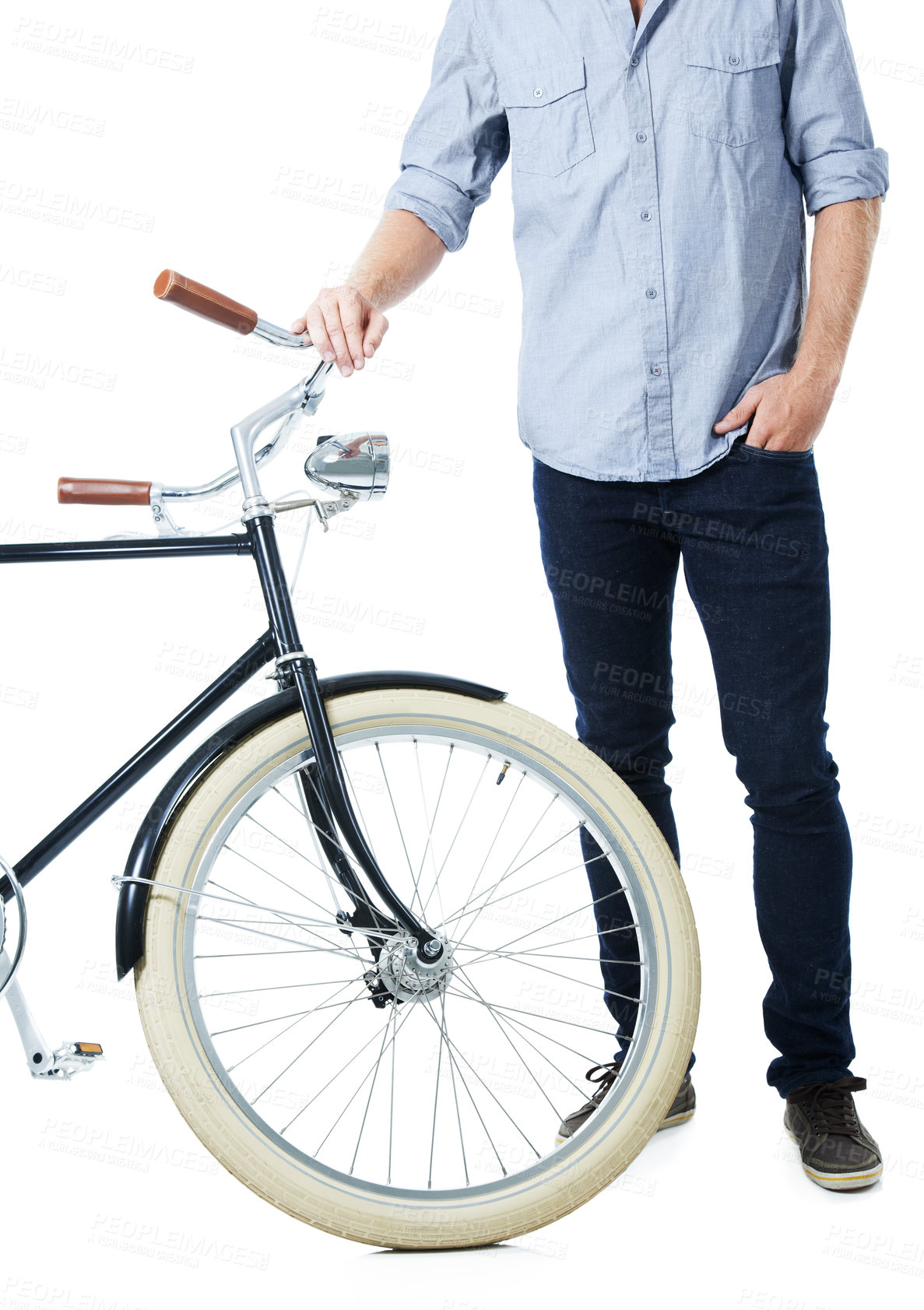 Buy stock photo Closeup, travel or man with bicycle in studio for eco friendly or transport to university or school. Sustainability, hands or bike for cycling, carbon neutral or college student with white background