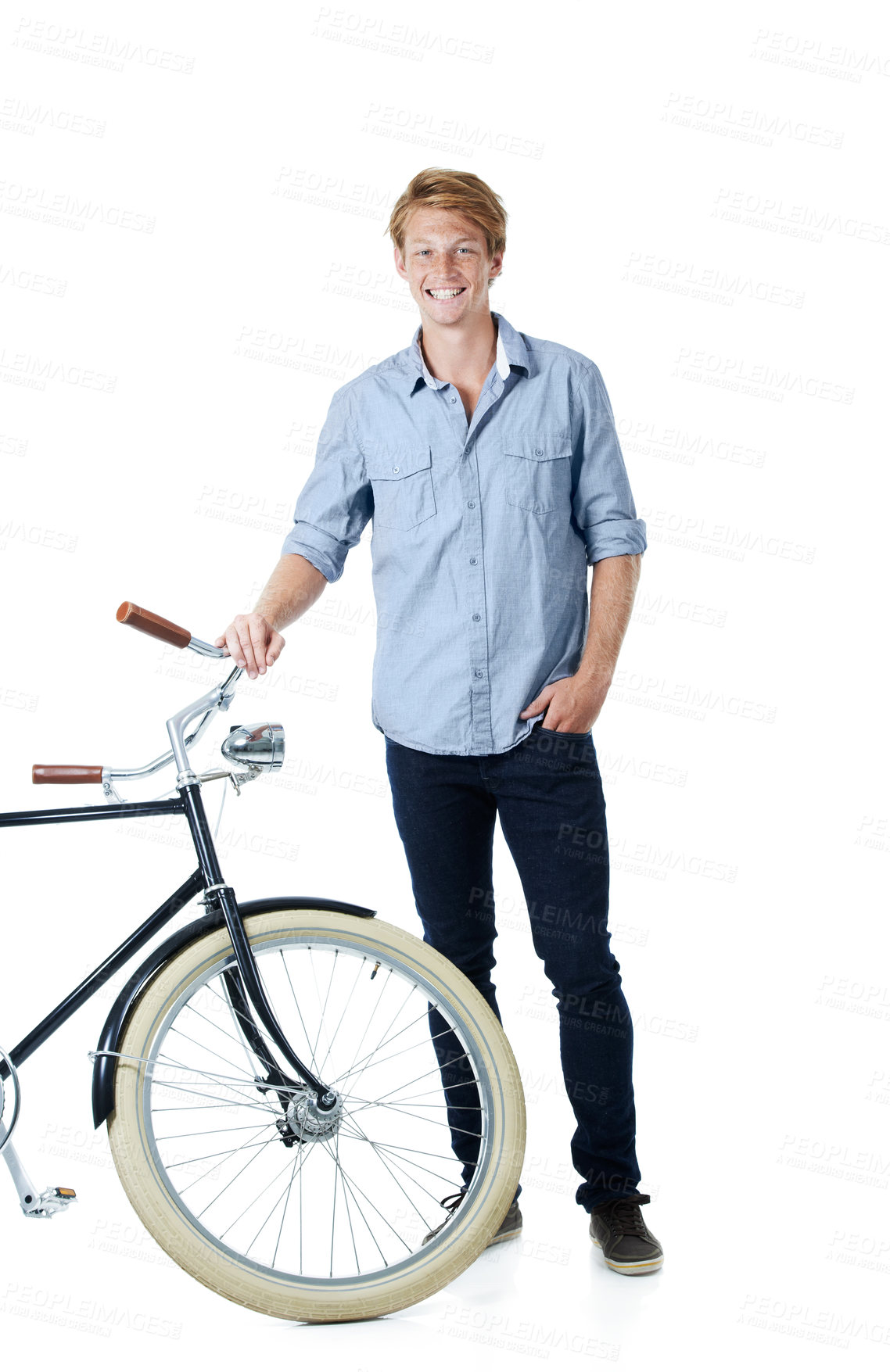 Buy stock photo Portrait, smile and man with bicycle for travel, eco friendly transport or stylish fashion. Confidence, person or vintage bike for cycling, sustainability or trendy clothes on white background in USA