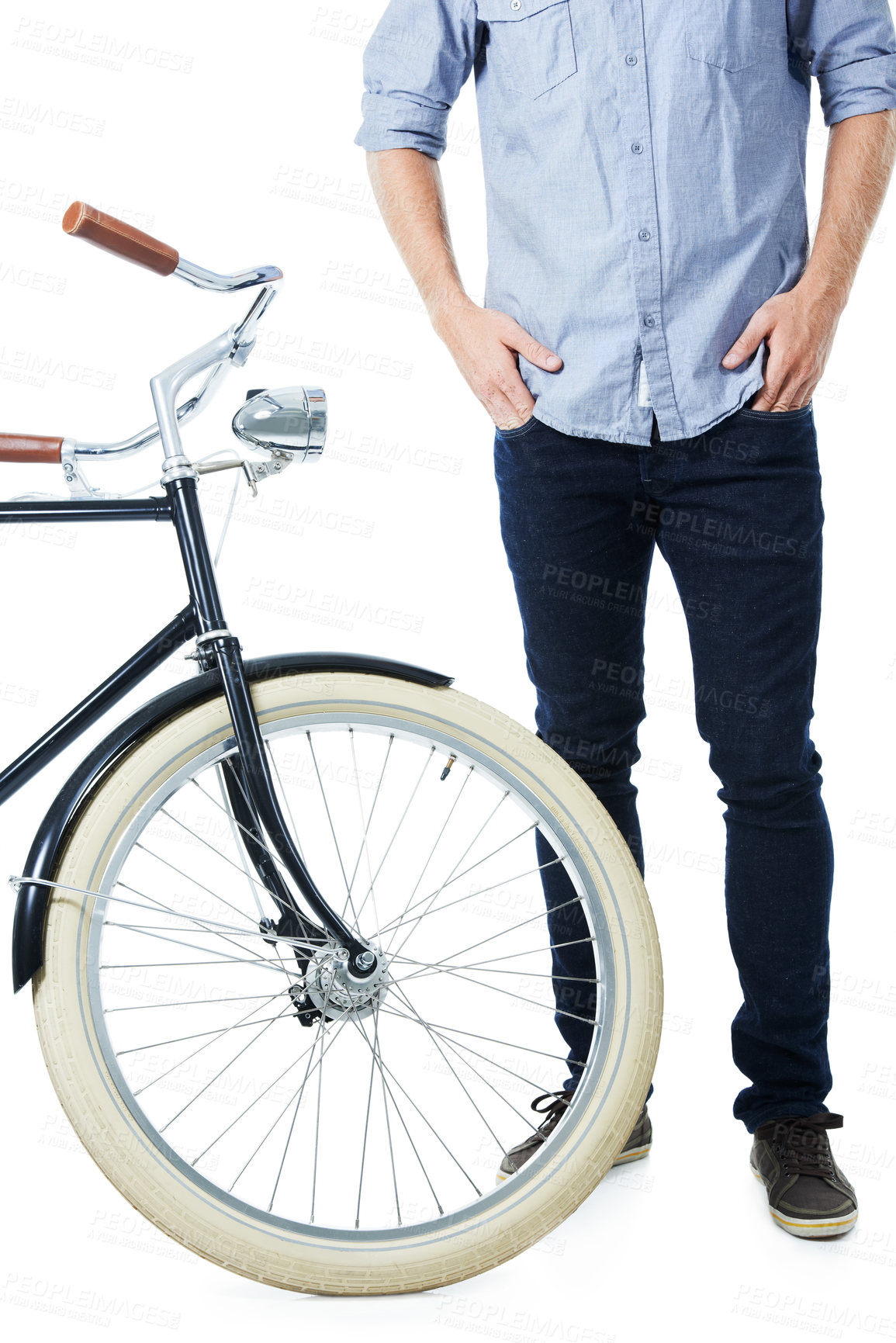 Buy stock photo Closeup, transport or man with bicycle in studio for eco friendly or travel to university or school. Sustainability, hands or bike for cycling, carbon neutral or college student with white background