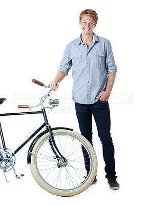 Buy stock photo Portrait, smile and man with bike for travel, eco friendly transport or stylish fashion. Confidence, person or vintage bicycle for cycling, sustainability or clothes on white studio background in USA