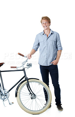 Buy stock photo Portrait, laugh or man with bike for travel, eco friendly transport or stylish fashion. Confidence, happy person or vintage bicycle for cycling, funny or sustainable on white studio background in USA