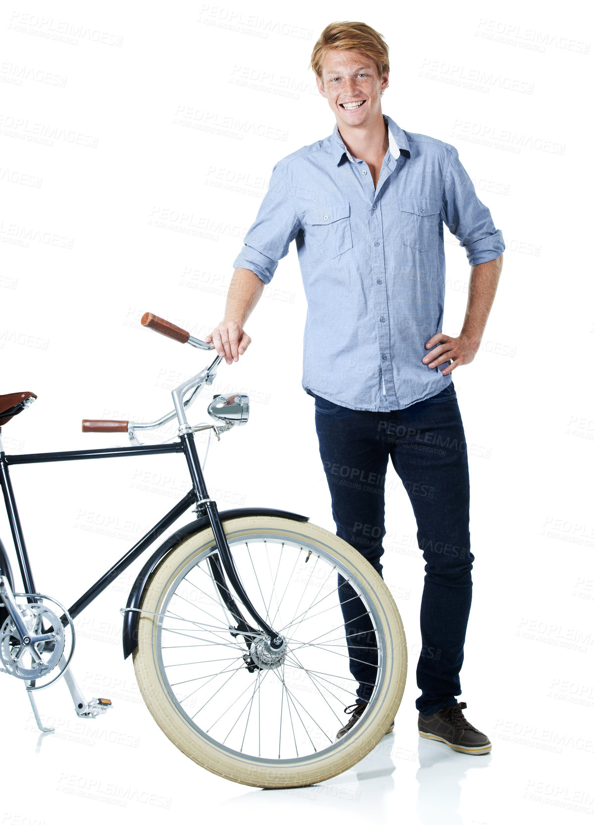 Buy stock photo Bicycle, happy portrait and young man with smile and eco friendly transport to university in studio. Sustainability, joy and travel with cycling and carbon neutral student with white background