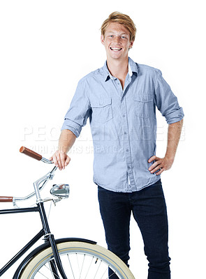 Buy stock photo Portrait, laugh and man with bicycle for travel, eco friendly transport or stylish fashion. Confidence, happy person or vintage bike for cycling, funny or sustainable on white studio background in UK