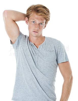 Buy stock photo Style, serious and portrait of man in studio with casual, cool and trendy outfit with confidence. Pride, tshirt and handsome male person from Scotland with fashion clothes by white background.