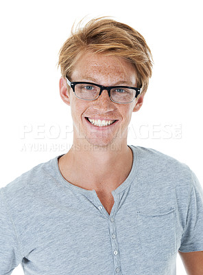 Buy stock photo Portrait, happy and young man with glasses, confidence and smile from student style in studio. Eyewear, frames and ginger person from Australia with modern and casual fashion with white background