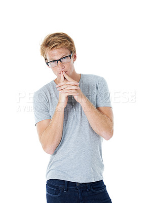 Buy stock photo Portrait, thinking and young man with glasses, idea and brainstorming with problem solving in studio. Eyewear, frames style and ginger person from Australia with contemplation and white background