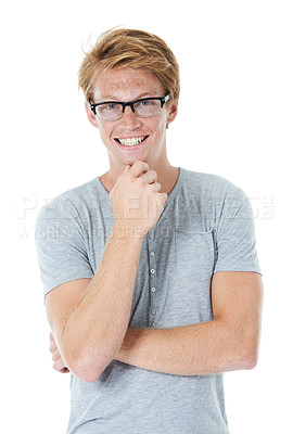 Buy stock photo Portrait, smile and young man with glasses, college and happy with student style in studio. Eyewear, frames and red hair of person from Australia with modern and casual fashion with white background