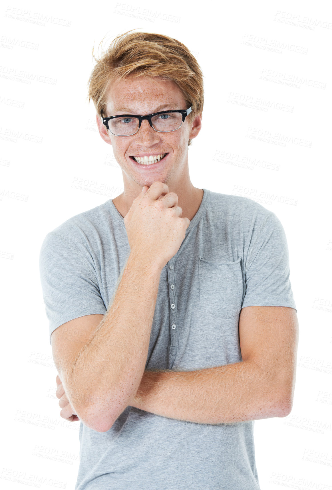 Buy stock photo Portrait, smile and young man with glasses, college and happy with student style in studio. Eyewear, frames and red hair of person from Australia with modern and casual fashion with white background