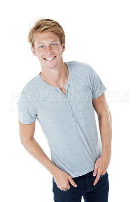 Buy stock photo Fashion, smile and portrait of man in studio with casual, cool and trendy outfit with confidence. Pride, tshirt and happy handsome male person from Scotland with stylish clothes by white background.