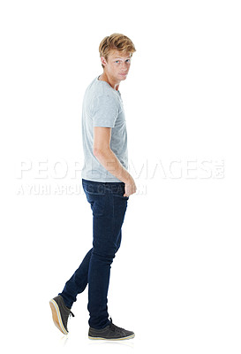 Buy stock photo Stylish, serious and portrait of man in studio with casual, cool and trendy outfit with confidence. Pride, tshirt and handsome male person from Scotland with fashion clothes by white background.