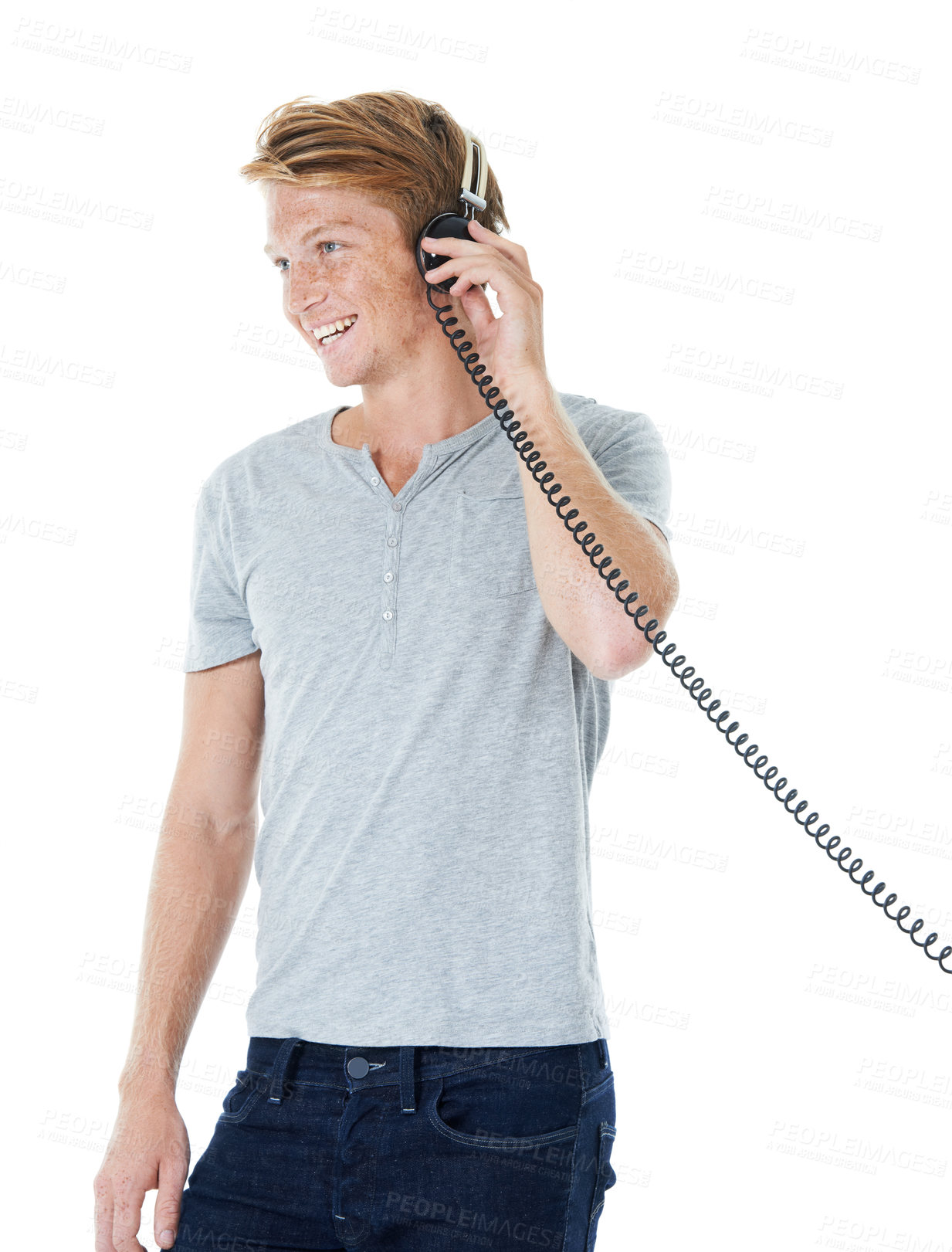 Buy stock photo Studio, headphones and happy man listening to audio, vintage rock or hip hop. Smile, sound and person with technology for streaming music, radio podcast or retro playlist isolated on white background