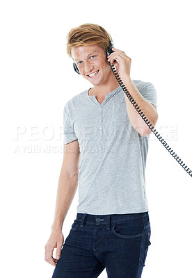 Buy stock photo Portrait, headphones and happy man listening to audio, vintage rock or hip hop. Smile, sound and person with technology for streaming music, radio or retro playlist on white studio background in UK