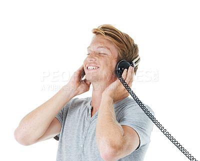 Buy stock photo Relax, headphones and happy man listening to music for zen, peace or calm on white background. Radio, smile and person with technology for streaming audio, podcast or retro playlist for sound therapy