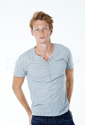 Buy stock photo Man, fashion and confidence in portrait for casual outfit, trendy and relaxed on white background. Male person, red hair and cool with pride, clothes and shirt for edgy style or attitude in Australia