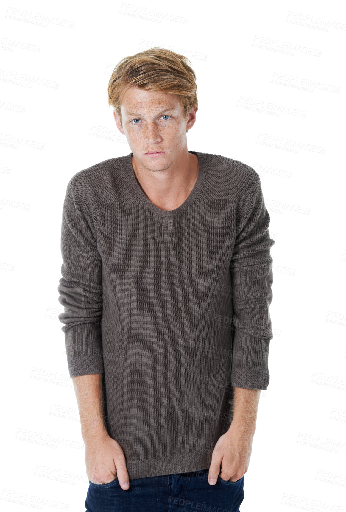 Buy stock photo Man, fashion and portrait in studio for trendy outfit, casual and relaxed by white background. Male person, model and cool with pride, clothes and shirt for edgy style with confidence in Australia