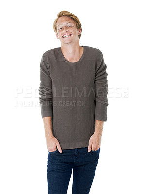 Buy stock photo Man, fashion and portrait in studio for trendy outfit, casual and relaxed by white background. Male person, happiness and cool with pride, clothes and shirt for edgy style or confidence in Australia