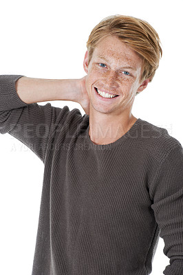 Buy stock photo Man, fashion and portrait with smile for trendy outfit, casual and relaxed by white background. Male person, model and happiness with pride, clothes or shirt for edgy style or confidence in Australia