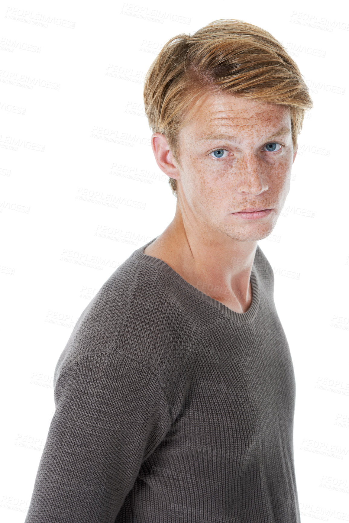 Buy stock photo Portrait, fashion and man with confidence, freckles and person isolated on white studio background. Face, model and guy with streetwear, gen z and stylish clothes with edgy outfit and pride