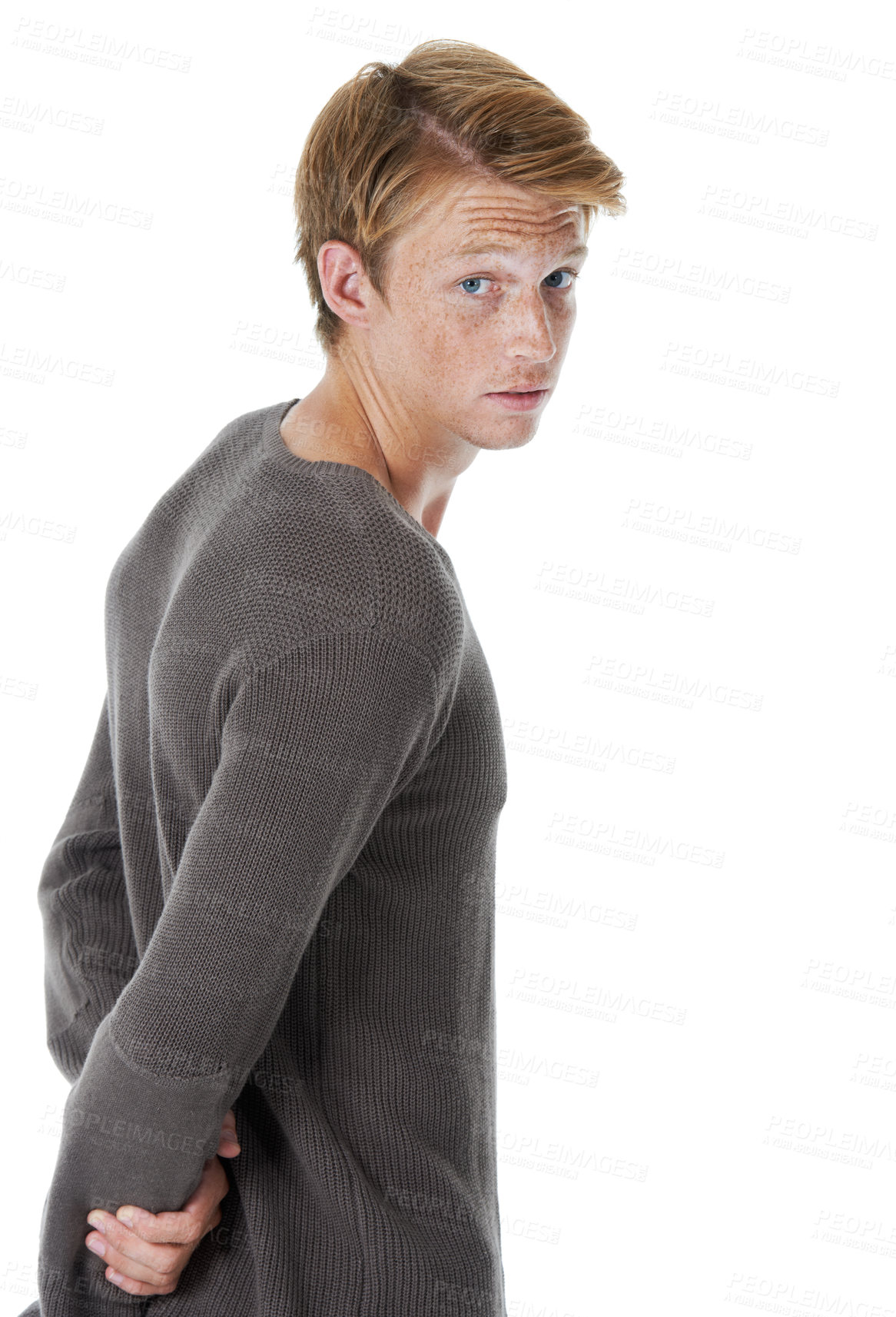 Buy stock photo Man, fashion and portrait in sweater for trendy outfit, casual and relaxed by white background. Male person, model and cool with pride, clothes and shirt for edgy style with confidence in Australia