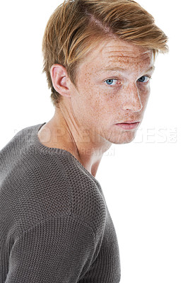 Buy stock photo Confident, redhead and portrait of man in studio with freckles, pride and serious attitude. Fashion, model and isolated face of person in trendy sweater, style and casual clothes on white background