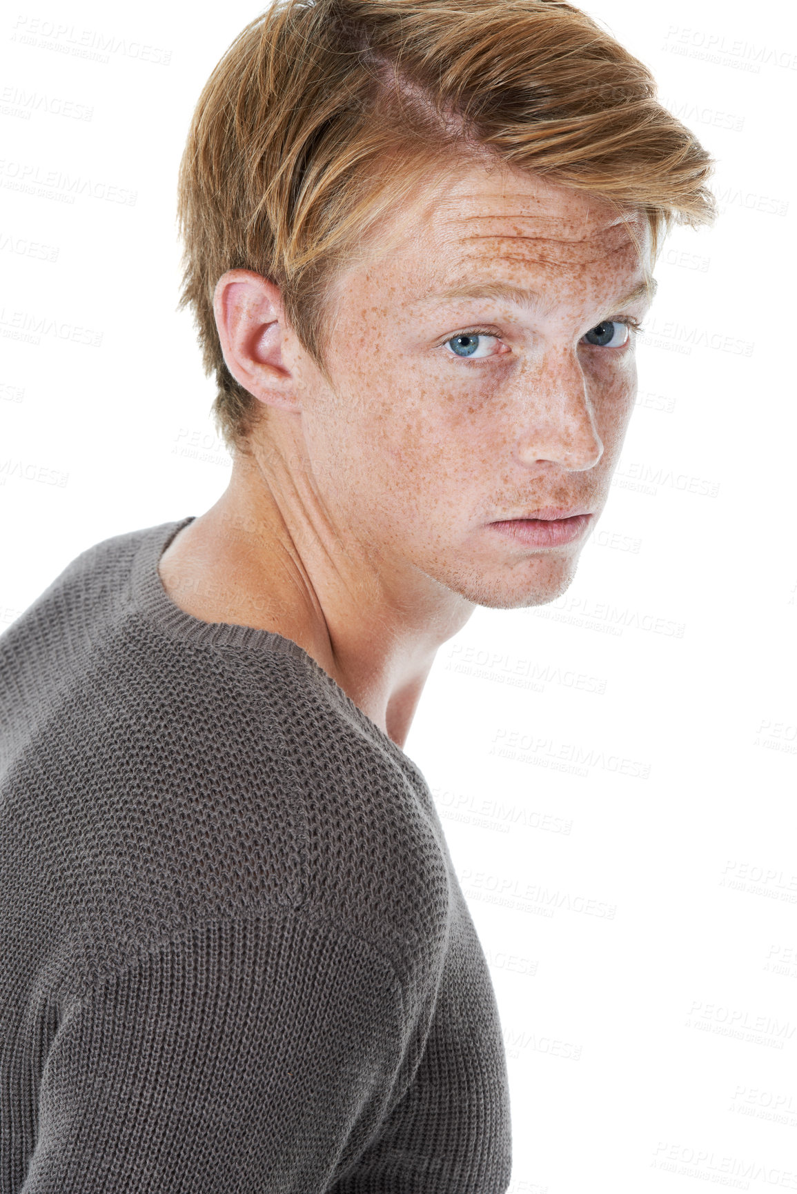 Buy stock photo Confident, redhead and portrait of man in studio with freckles, pride and serious attitude. Fashion, model and isolated face of person in trendy sweater, style and casual clothes on white background