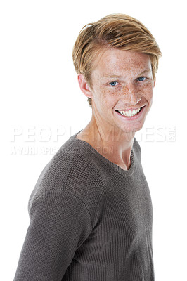 Buy stock photo Happy, redhead and portrait of man in studio with freckles, pride and confident attitude. Fashion, model and isolated face of person in trendy sweater, style and casual clothes on white background