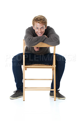 Buy stock photo Chair, redhead and portrait of man in studio with freckles, pride and positive attitude. Fashion, happy and isolated face of person in trendy sweater, style and casual clothes on white background