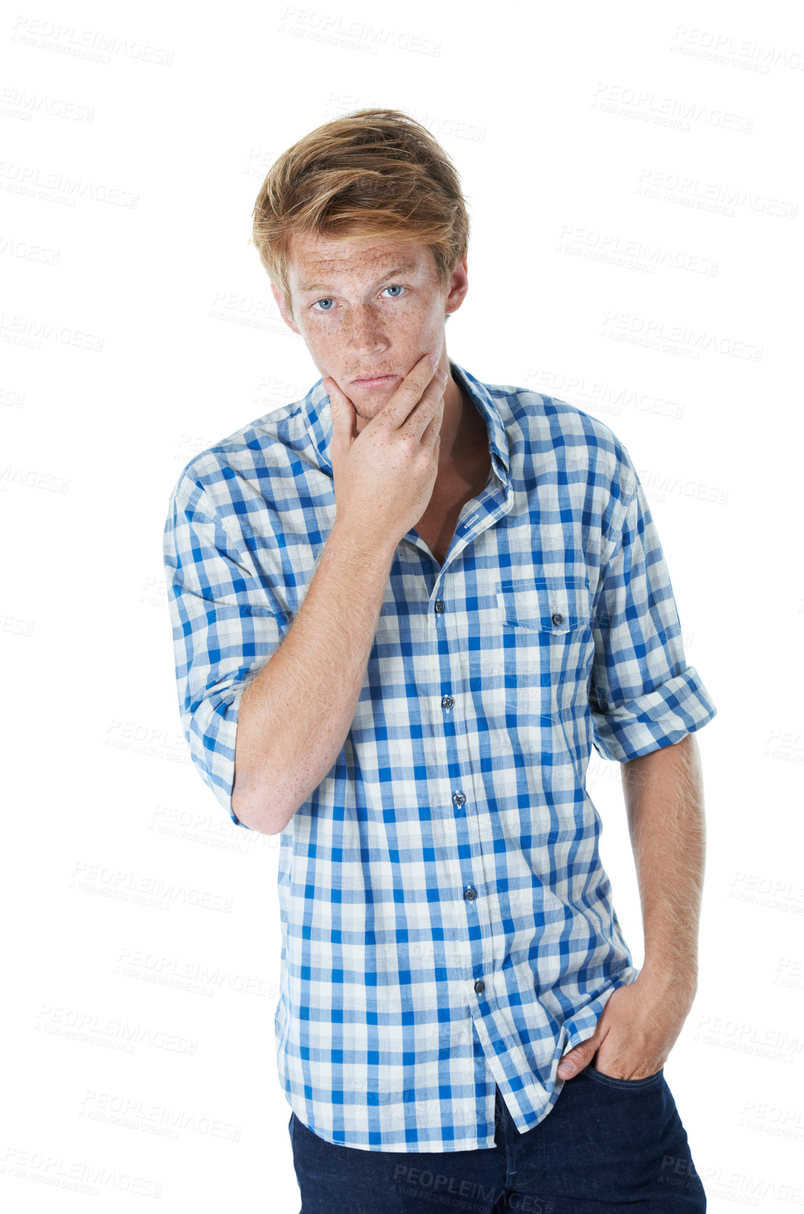 Buy stock photo Young man, portrait and fashion with shirt or stylish outfit in studio on a white background. Attractive male person, handsome model and freckles with checkered top or pattern in casual clothing