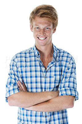 Buy stock photo Portrait, fashion and man with arms crossed, smile and confident guy isolated on white studio background. Face, person and model with pride, aesthetic and calm with shirt, stylish clothes and gen z