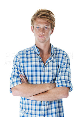 Buy stock photo Portrait of a confident caucasian male with freckles isolated against a white background. Handsome and attractive guy looking at camera. Stylish, proud man with his arms crossed in a studio 