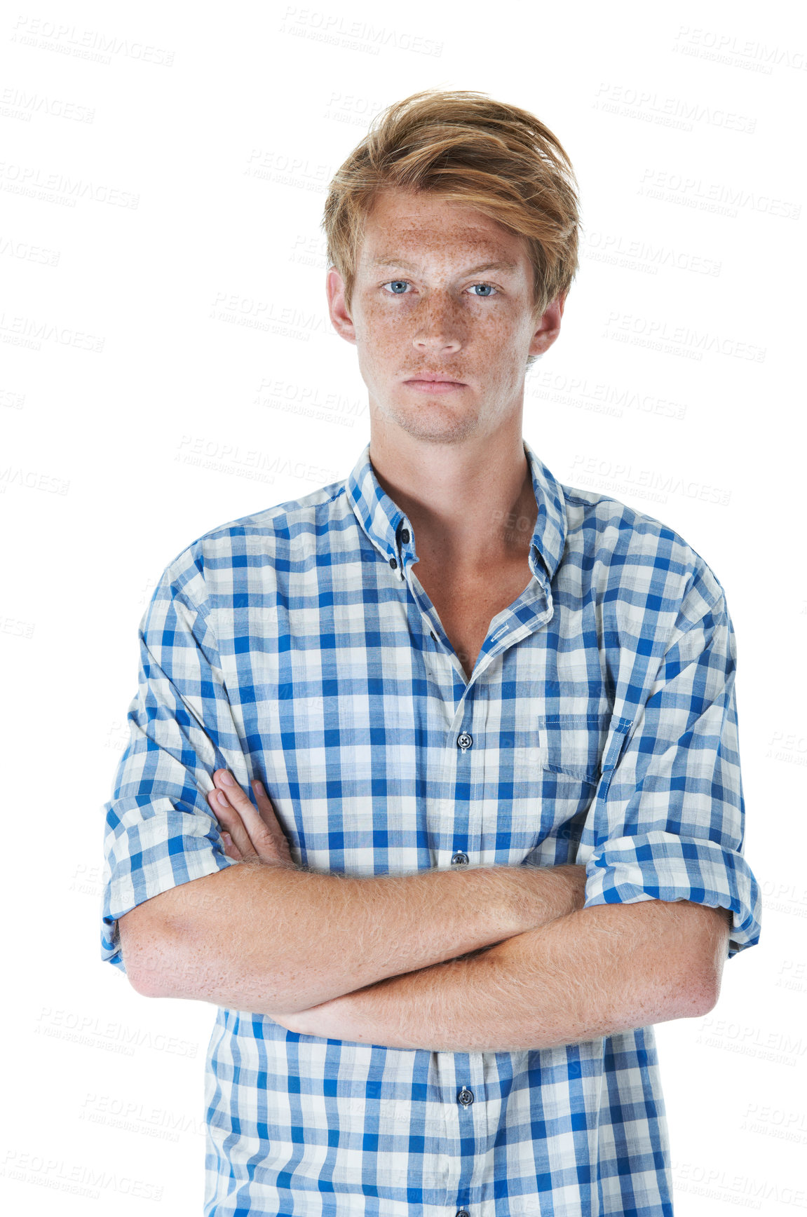 Buy stock photo Portrait of a confident caucasian male with freckles isolated against a white background. Handsome and attractive guy looking at camera. Stylish, proud man with his arms crossed in a studio 