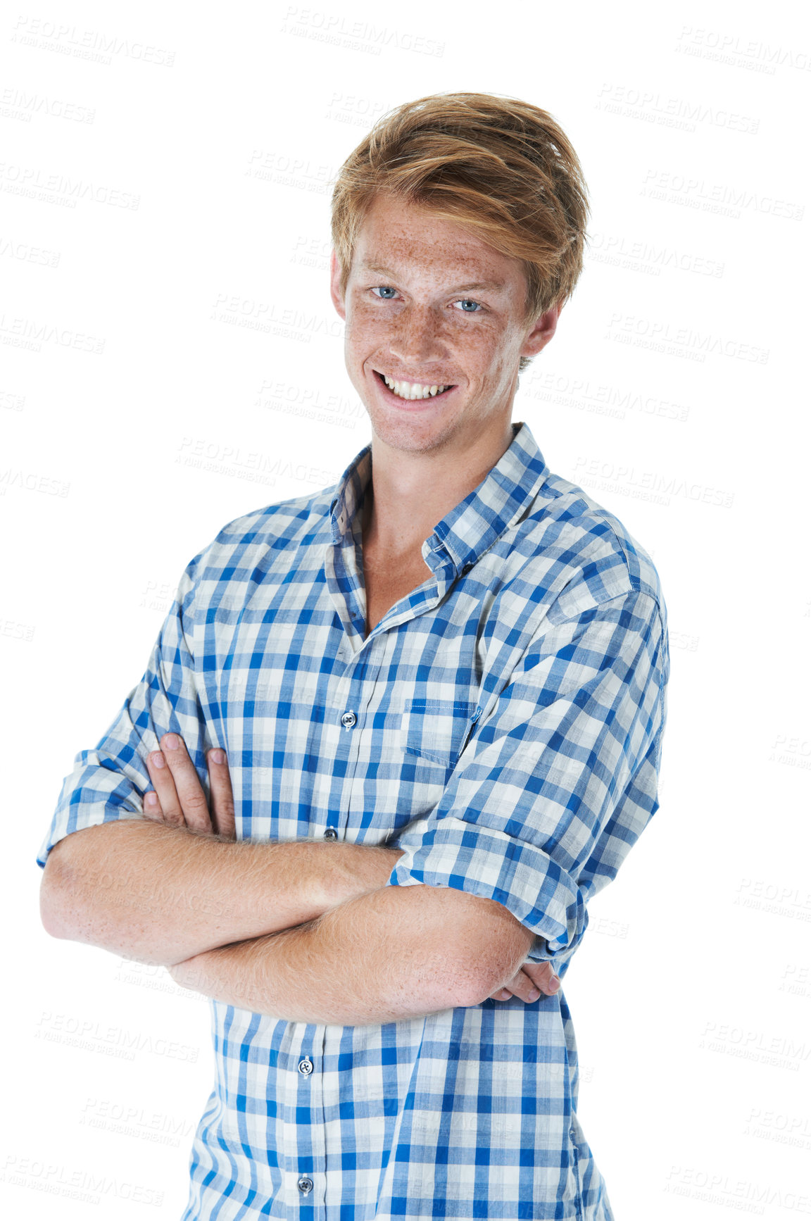 Buy stock photo Portrait, fashion and man with arms crossed, pride and confident guy isolated on white studio background. Face, person and model with cool, aesthetic and smile with shirt, stylish clothes and gen z