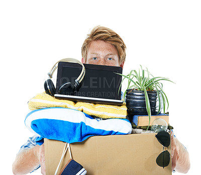 Buy stock photo Young man, portrait and box with equipment for fired, jobless or moving out on a white studio background. Male person, model or tenant with items for renovation, relocation or immigration evacuation