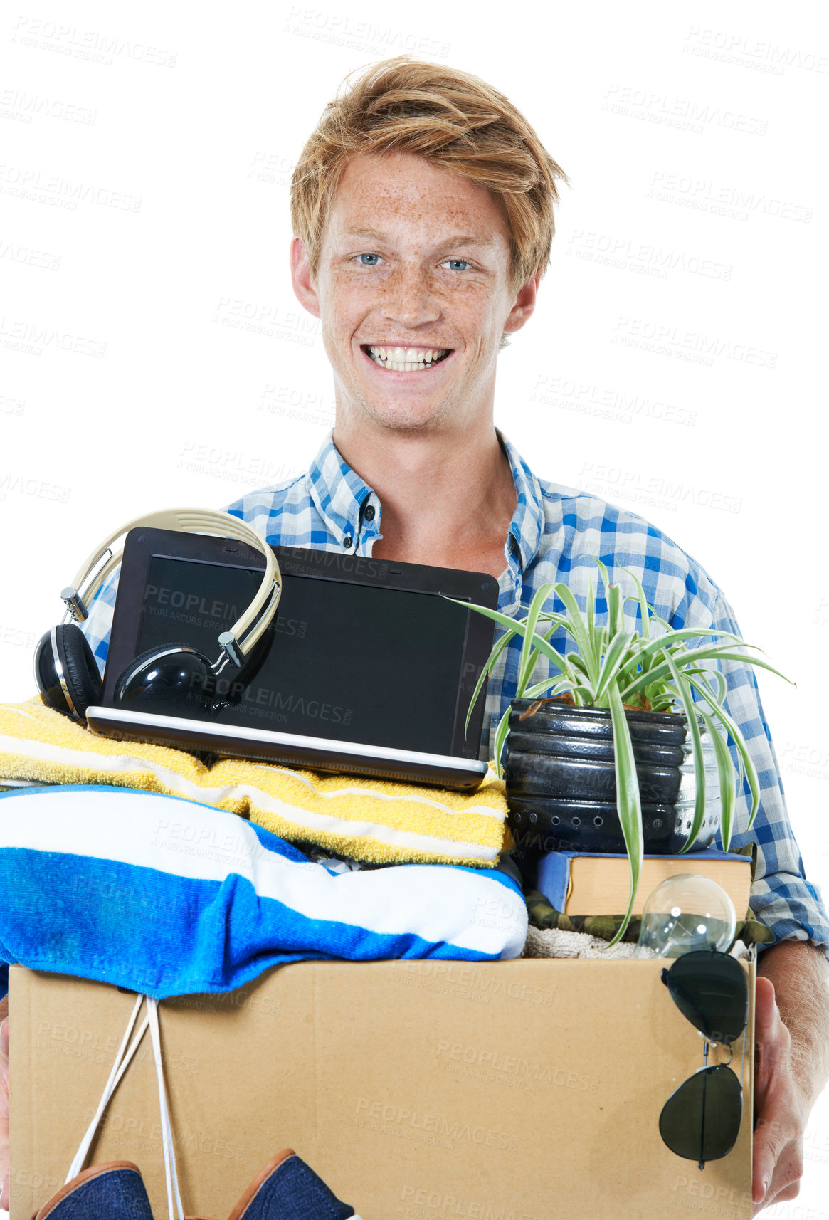 Buy stock photo Happy man, portrait and box with equipment for new job, moving in or relocation on a white studio background. Male person, model or tenant with items for renovation,  immigration or career startup