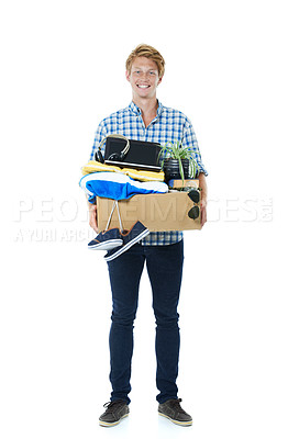 Buy stock photo Happy man, portrait and box with equipment for moving in, relocation or new job on a white studio background. Male person, model or tenant with gear for renovation,  immigration or career startup