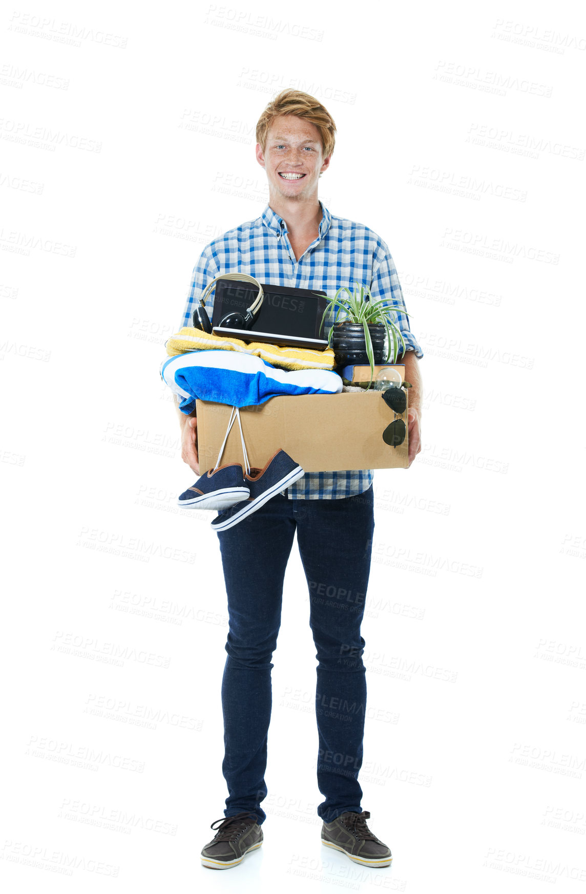 Buy stock photo Happy man, portrait and box with equipment for moving in, relocation or new job on a white studio background. Male person, model or tenant with gear for renovation,  immigration or career startup