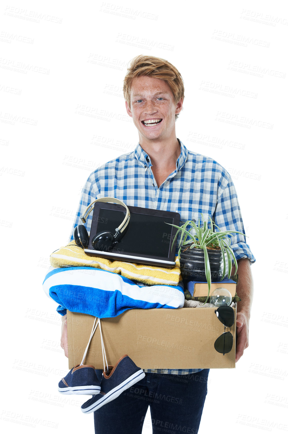 Buy stock photo Happy man, portrait and box with gear for moving in, relocation or new job on a white studio background. Male person, model or tenant with equipment for renovation,  immigration or career startup