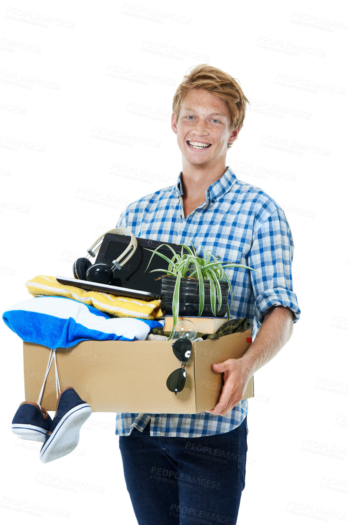 Buy stock photo Happy man, portrait and box with equipment for relocation, new job or moving on a white studio background. Male person, model or tenant with gear for renovation,  immigration or career startup