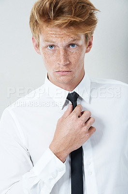 Buy stock photo Man, fashion and studio portrait with tie, pride and elegant shirt for business professional attire. Confidence, formal clothes and model in classy outfit with style on white background in Sweden