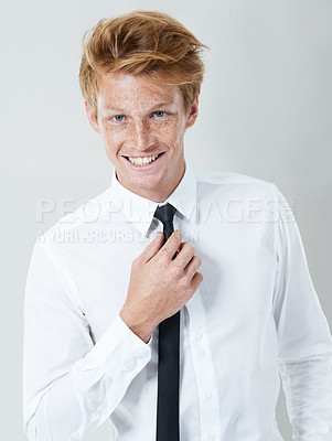 Buy stock photo Happy man, fashion or studio portrait with tie, pride and elegant shirt for business or professional attire. Smile, formal clothes and confident model with classy style on white background in Sweden