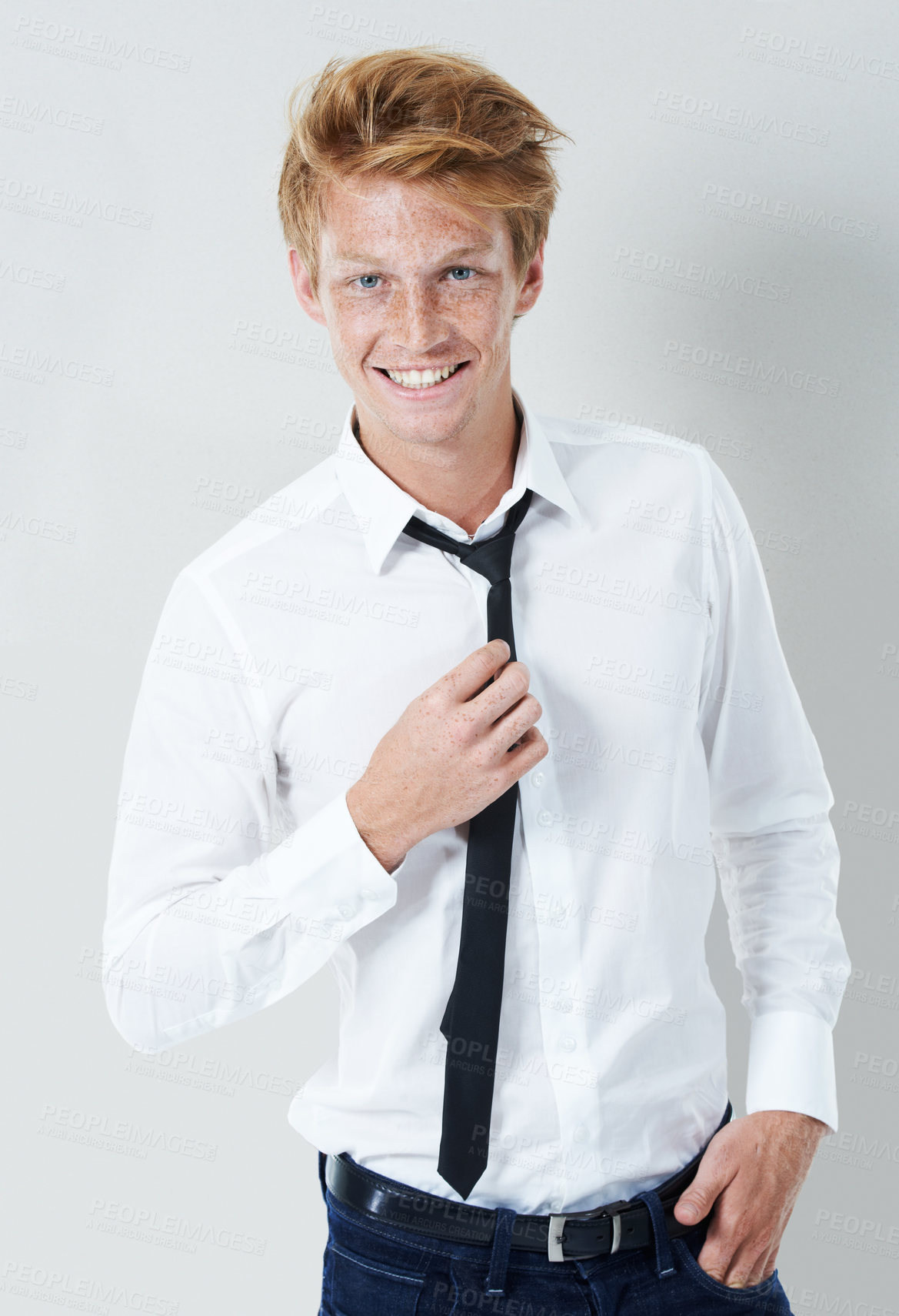 Buy stock photo Confident, fashion or portrait of happy man with tie, pride or elegant shirt for business or professional attire. Smile, formal clothes or model in studio for classy style on white background in USA