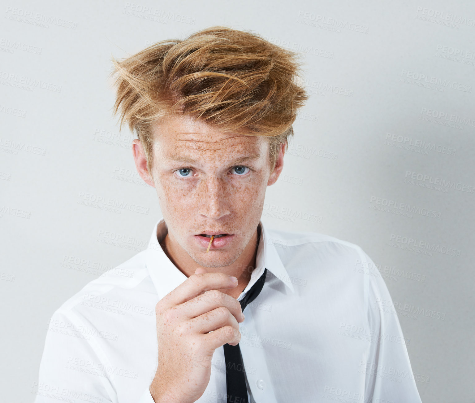 Buy stock photo Confident, attitude or portrait of man with tie, pride or elegant shirt for modern attire with matchstick. Fashion, edgy clothes or cool model in studio with classic style on white background in USA