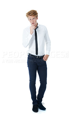 Buy stock photo Edgy, attitude or portrait of man with tie, pride or elegant shirt for modern attire with matchstick. Fashion, cool clothes or confident model in studio with classic style on white background in USA