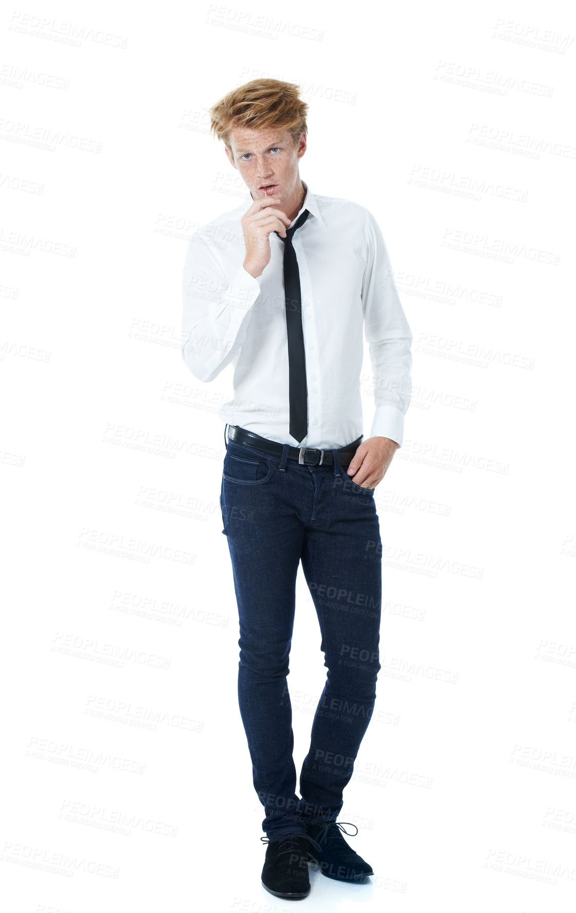 Buy stock photo Edgy, attitude or portrait of man with tie, pride or elegant shirt for modern attire with matchstick. Fashion, cool clothes or confident model in studio with classic style on white background in USA