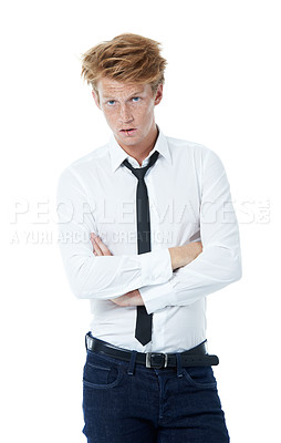 Buy stock photo Arms crossed, attitude or portrait of man with tie, pride or shirt for modern attire or fashion. Matchstick, cool clothes or confident model in studio for classic style on white background in Poland