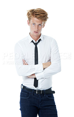 Buy stock photo Arms crossed, cool or portrait of man with tie, pride or shirt for fashion attire or attitude. Matchstick, trendy clothes or confident model in studio for classic style on white background in Sweden