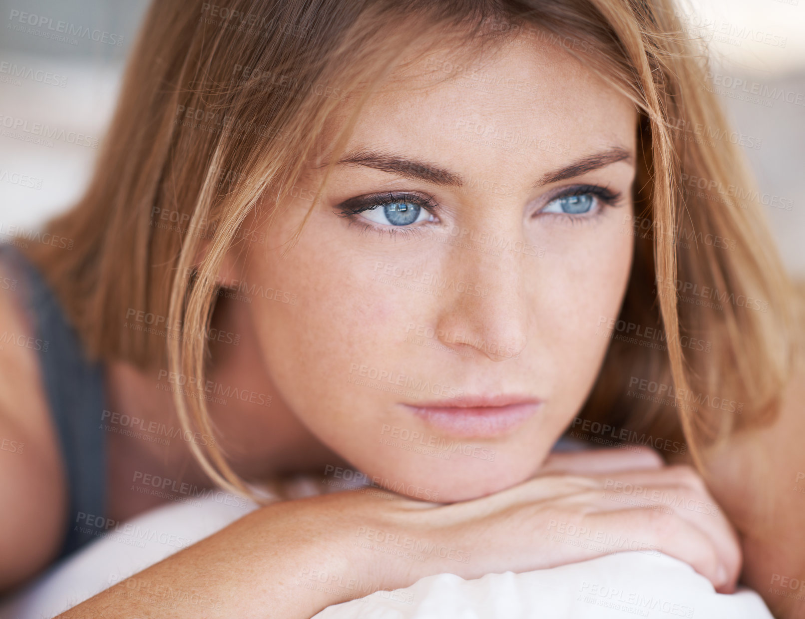 Buy stock photo House, sad and thinking with woman, thought and relaxing with peace, emotion and calm. Person, apartment and girl with break, reaction and depression with mental health, anxiety and contemplation